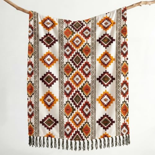CASAAGUSTO Boho Throw Blanket with Tassel, Farmhouse Western Flannel Bohemian Blanket, Vintage Native Mexican Decorative Throw, Ideal for Gifting (50x60 Inches, Orange and Green) - color: Orange and Green, size: 50X60