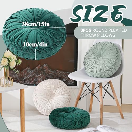 Drydiet 3 Pcs Round Throw Velvet Pillows Decorative Pleated Throw Pillows Diameter Accent Pumpkin Boho Chair Cushion for Couch Sofa Home Decoration (White,Light Green,Green,15'') - color: White, Light Green, Green, size: 15''
