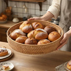 Round Rattan Serving Tray with Handles, Natural Wicker Decorative Tray for Serving, Fruit/Bread Serving Basket, Round Woven Tray，13.8inch+11.8inch, Gift Idea Choice (M+L) - size: 13.8"+11.8"