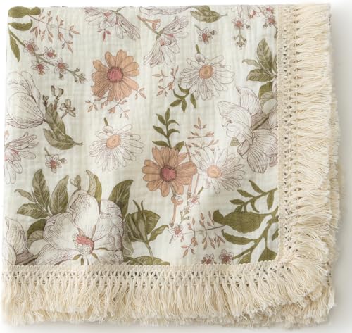 Little Jump Cotton Muslin Swaddle Blankets with Tassel, Boho Bohimia Muslin Baby Blanket Neutral with Fringe, Vintage Teddy Bear Nursery Decor Muslin Throw Blanket 47" x40" (Vintage Blossom) - color: Vintage Blossom