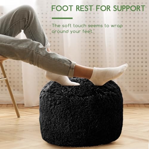 HIGOGOGO Round Stuffed Pouf Ottoman, Long Faux Fur Poufs with Foam Chunk Filling, Fluffy and Furry Pouf Foot Stool Storage Ottoman, 20 X 15 Floor Poufs Foot Rest for Living Room, Black - color: Black, size: 20"D x 20"W x 18"H