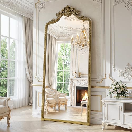 71"x32"Arched Full Length Floor Mirror, Gold Traditional Ornate Antique Carved Garland Frame Body Hanging Leaning,Full Body Mirrors for Home Decor Shatter-proof Nano Glass Wall Living Room Cloakroom - color: Elegant Gold