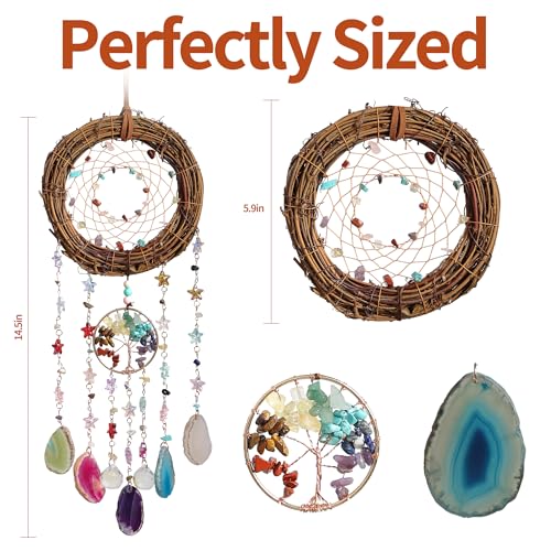 Handmade Natural Dream Catcher Hanging Home Decor at Livingroom Window and Garden, Unique Design with Rattan, Stones, Agate & Crystal - Ideal for Any Space & Gift Giving to Lovers Parents and Friends - style: Rattan-Agate