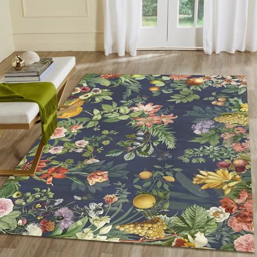 Floral Entryway Rugs 1.5 x 2.5ft Modern Flower Print Area Rug for Home Kitchen Floor Mat Washable Carpets - color: Muted Charcoal and Soft Olive, size: 1.5 x 2.5ft / 18 x 30in / 45 x 75cm