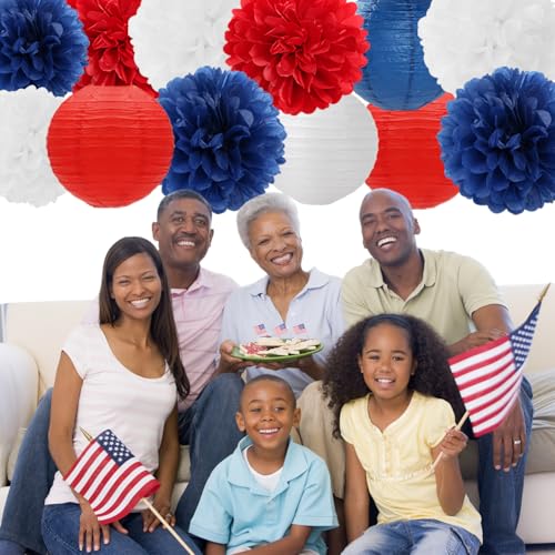 Fourth-4th Of July Imemorial-Day Party-Decorations - 15pcs Red White Blue Paper-Flowers Lanterns,Patriotic Graduation Tissue Pom Poms Streamers,Independence Veterans Hanging Supplies Decor Hugfond - color: Red Blue