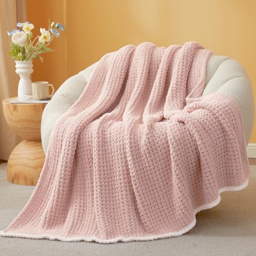 Snuggle Sac Ultra Soft Waffle Throw Blanket for Couch Bed Sofa 50x60 inches, Reversible Pink Blanket Microfiber Fluffy Fuzzy Cozy Knit Throws for Women Mothers Birthday Gifts - color: Waffle Soft Pink, size: Throw(50"x60")