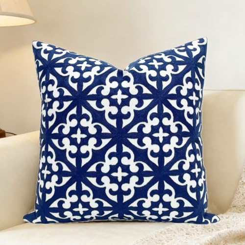 Slow Cow Canvas Embroidery Decorative Throw Pillow Cover Navy Blue Cushion Cover for Living Room 18 x18 Inches - color: Navy White, size: 18" x 18" (Pack of 1)