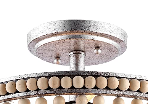 JONATHAN Y 14" Antique Silver/Light Taupe Wood Beaded LED Semi Flush Mount Light, Boho Farmhouse 3-Light Ceiling Chandelier with Cream Wood Bead Shade for Nursery, Bedroom (JYL9020B) - color: Antique Silver/Light Taupe