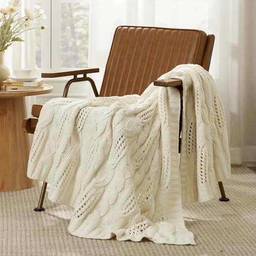 Amélie Home Chunky Knit Throw Blanket, Dual-Sided Soft Chenille Breathable Cable Knitted Blanket for Couch, Farmhouse Decorative Throw for Sofa & Chair, 60"x80", Ivory - color: Ivory, size: Cable Knit 60"x80"