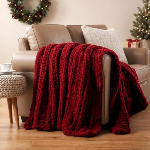 Battilo Dark Red Chunky Knit Throw Blanket, Christmas Red Throw Blanket for Couch, Super Soft Cozy Warm Blankets, Burgundy Chenille Throw Blanket for Living Room, Christmas Decorations, 50"x60" - color: Red