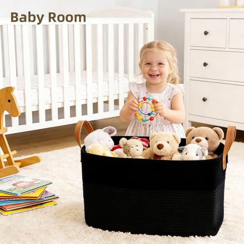 BOLDMONKEY 72L Laundry Basket with Leather Handles,Woven Cotton Rope Blanket Basket,Toy Bin for Baby Room,Laundry Hampers for Bedroom, Living Room,Bathroom,22"x17"x11.8" Black - color: Black, size: 72L