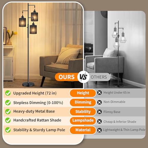 Hotsonic 72" Tall Boho Rattan Style Floor Lamp with Hand-Woven Paper Cord Shade, Dimmable Industrial Tree Standing Lamp for Living Room, Bedroom, Study Room, Office (3 x 800LM Bulbs Included) - Black - color: Black