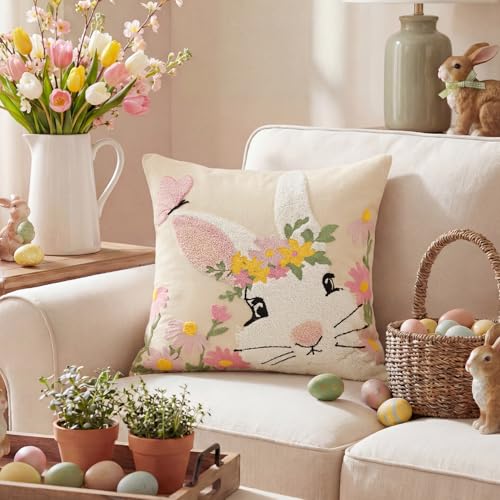 AVOIN colorlife Easter Spring Rabbit Floral Embroidered Throw Pillow Cover, 18 x 18 Inch Butterfly Bunny Tufted Patterned Linen Decoration Cushion Case for Sofa Couch - size: 18" x 18" (Pack of 1)