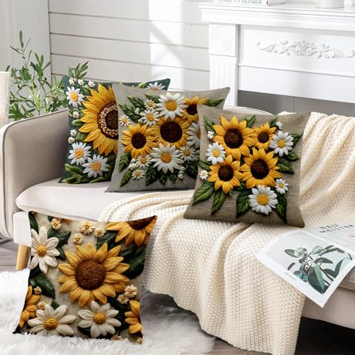BVBOX Set of 4 Linen Throw Pillow Covers 18"x18", Soft Flax Sunflowers Decorative Pillow Cases, Double-Sided Modern Pillow Covers for Bed, Sofa, Couch, Living Room, Bedroom - color: Sunflower