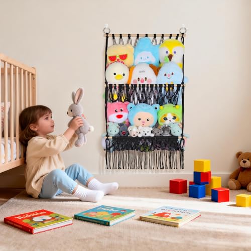 2 Tier Stuffed Animal Storage Shelf Net, 17x32Inch Large Stuffed Animal Organizer Holder Display for Mini Medium Stuffy, Black Boho Macrame Wall Plushies Stuffy Storage for Nursery Decor - color: Black, size: Large-2 Tier-17x32 Inch