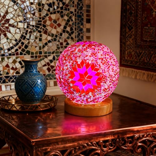 Turkish Bohemian Table Lamp Vintage Stained Glass Globe Light 5V USB Power Dimmable Mosaic Night Lights for Birthday Party Wedding Decoration Bohemian Tiffany Bedside Lamps(Boho-Pink, Boho) - style: Bohemian B Pink