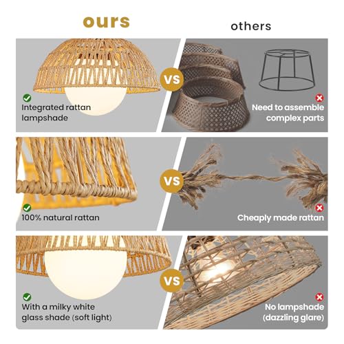 AIJIASI Rattan Pendant Light, 11.8" Hand Woven Boho Pendant Light Fixture with Milk Glass Globe, Gold Kitchen Pendant Lighting Over Island Adjustable Chandelier for Dining Room Hallway Foyer - color: Gold