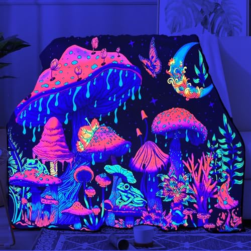 Blacklight Mushroom Throw Blankets Glow in the Dark Black Light Plant Throw Fantasy UV Reactive Mushroom Butterfly Moon Blanket Cute Throw for Bedroom Dorm Decor 59”x51” - color: Bl Mushroom Sky