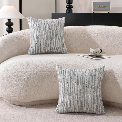 Striped Throw Pillow Covers 20x20 Set of 2 Gray Textured Boucle Chic Morden Boho Accent Farmhouse Decorative Chenille Pillow Covers for Home Decor Bed Sofa Living Room - color: Gray, size: 20" x 20" (Pack of 2)