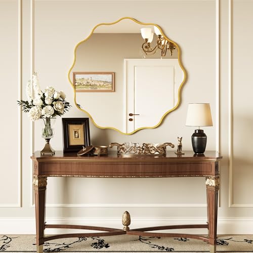 Kelly Miller 36 Inch Gold Round Wavy Mirror, Large Scalloped Edge Decorative Wall Mirror for Bathroom Bedroom Living Room Entryway Vanity Fireplace - size: 36"L x 36"W