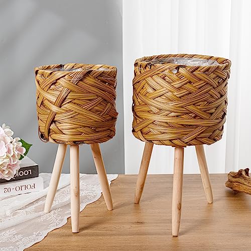 Set of 2 Woven Planter Baskets with Plastic Lining and 3 Wooden Legs, Flowers, Toys Rustic Farmhouse (Thick Weave)