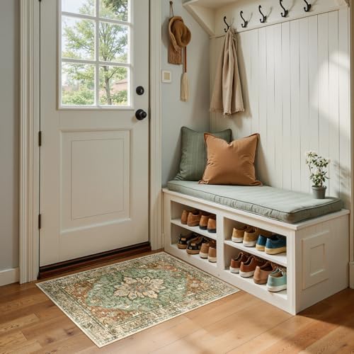RELEANY Area Rugs Small 2'x3' Washable Non-Slip, Floral Vintage Distress Medallion Carpet for Kitchen Entryway Bathroom, Terracotta Burnt Orange Green - color: Brick/Brown/Green, size: 2' X 3' (Rectangular)