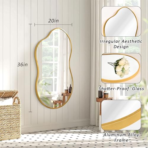 JJUUYOU Wall Mirror Irregular Metal Framed Decorative Gold Mirrors Large 20"x36" Asymmetrical Modern for Bedroom Living Room Entryway Hallway Hanging Home Decor - color: Gold, size: 36"L x 20"W