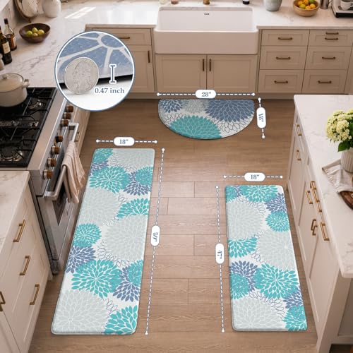 KIMODE Kitchen Mats for Floor Cushioned Anti Fatigue,Floral Farmhouse Kitchen Runner Rug Sets of 3 Non Slip,Waterproof Kitchen Carpet Runner Decor for Sink Laundry Bathroom,Teal Blue - color: Teal Blue, size: 18" x 28"+18" x 47"+18" x 59"-0.47 inches