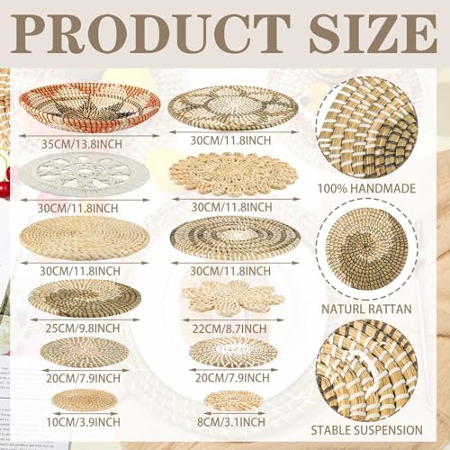 Xuhal 15 Pcs Boho Wall Basket Decor Handcrafted Seagrass Woven Wall Basket Rustic Round Woven Hanging Art for Home Farmhouse Kitchen Table Living Room(Classic Style) - style: Classic