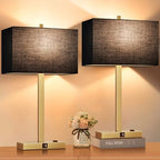 Lynnoland 21" Set of 2 Bedside lamp with USB A+C & AC Outlets, Touch Control 3-Way Dimmable Nightstand Lamps for Bedroom Living Room Office Reading, Black Shade Touch Lamps, 3000K LED Bulbs Included - color: (2 Pack)Black Line & Gold (Base)-2700K Bulbs In