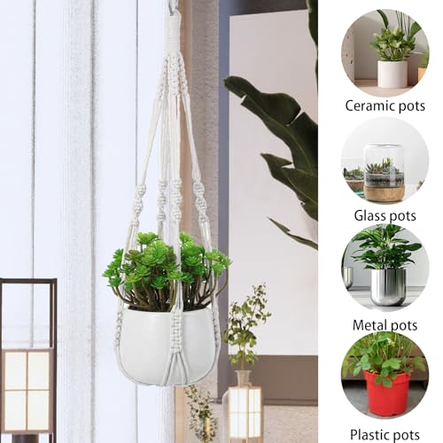 White Macrame Plant Hanger Set, 2 Pack Boho Hanging Plant Holder, Plants Hanger for Indoor Outdoor Home Decoration, 21 Inchs Braided Cotton Hanging Planters for Indoor Plants, No Tassels