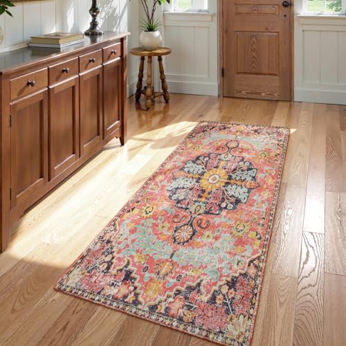Lahome Reine Bohemian Floral Medallion Runner Rug, 2x4 Pink Bathroom Rug Runner, Machine Washable Non-Slip Hallway Mat Indoor Laundry Carpet Runners for Kitchen Living Bedroom, Fuchsia/Multi - color: Fuchsia/Multi, size: 2' x 4' (Runner)