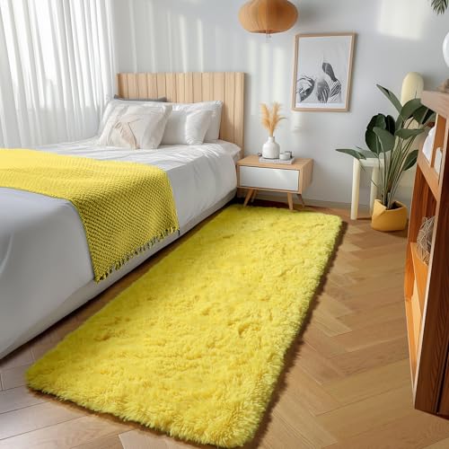 ONASAR Yellow Runner Rugs for Bedroom Living Room, Fluffy 2x6 Bedside Hallway Area Rug, Ultra Soft Plush Furry Faux Fur Non Slip Floor Carpet for Nursery Kids Dorm Closet Home Decor Aesthetic - color: Yellow, size: 2' x 6' (Runner)