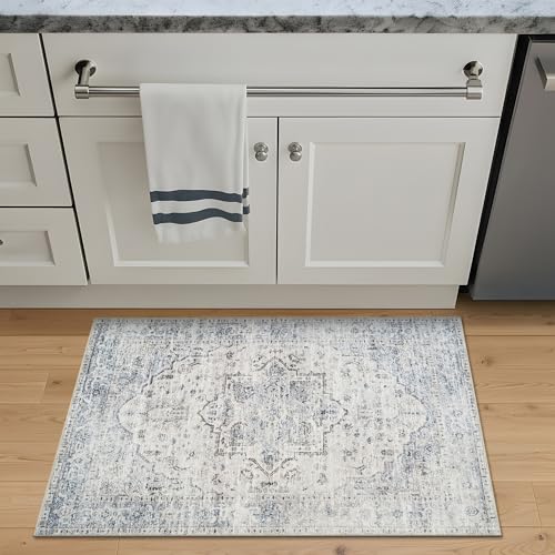 Bloom Rugs Washable Non-Slip 2x3 Rug - Ivory/Blue/Gray Traditional Oriental Area Rug for Living Room, Bedroom, Dining Room, and Kitchen - Exact Size: 2' x 3' - color: Ivory / Blue / Gray, size: 2' x 3' (Rectangular)