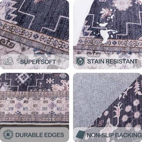 2x3 Washable Entry Rug, Non Slip Stain Resistant Lightweight Low Pile Indoor Door Mat, Vintage Area Rug for Bedroom Bathroom Kitchen Playroom Home Decor (Charcoal Blush Ivory) - color: Charcoal Blush Ivory, size: 2' x 3' (Rectangular)