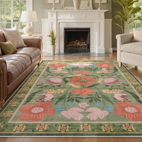 Beeiva Floral 6x9 Area Rugs for Living Room, Washable Green Area Rugs with Low Plie, Soft Flower Ultra Thin Rug Carpet for Bedroom Office Dorm Dining Room Playroom Décor (Green,6'x9') - color: Green, size: 6' x 9' (Rectangular)