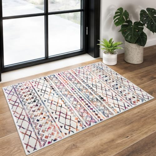 KUTA Moroccan Rugs for Entryway, 2x3 Multi-Color Area Rug Non-Slip Washable Small Indoor Door Mat, Ultra Soft Vintage Geometric Low-Pile Floor Carpet for Entrance, Kitchen - color: Cream/Multi-color, size: 2' x 3' (Rectangular)