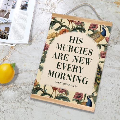 Vintage Christian Poster Wall Art Decor, Inspirational Christian Bible Verse - His Mercies Are New Every Morning Boho Wall Art Framed Decor,Peacocks and Floral Canvas Poster for Bedroom Living Room Office 14x18.5inch - color: Green- His Mercies