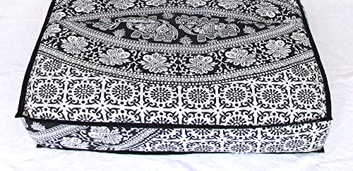 CRAFT KALA Mandala Floor Pillow Cushion Cover Seating Throw Cover Hippie Decorative Bohemian Ottoman Poufs Pom Pillow Cases Boho Indian Cotton Living Room Yoga Home Décor 24" Square Black and Elephant - color: Black and Elephant, size: 24" x 24" (Pack of