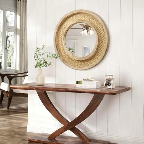 JJUUYOU Wood Mirror with Wood Frame Circle Mirrors for Wall 20 Inch Circular Hanging Mirrors for Living Room Bathroom Vanity Entryway Hallway Brown - color: Round Mirror-brown, size: 20"L x 20"W