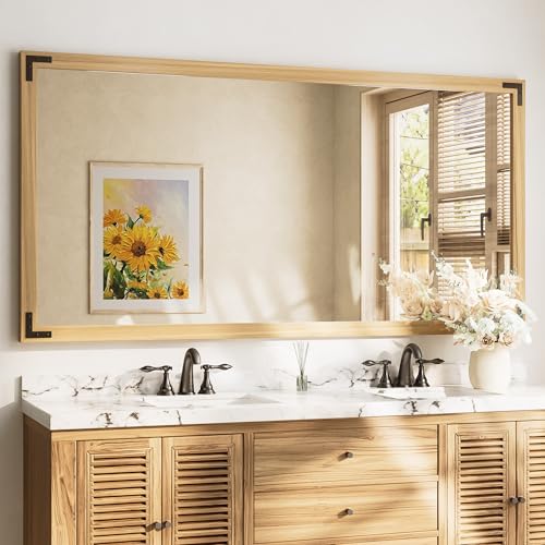 TETOTE 72 x 36 Natural Wood Mirror for Bathroom Wall/Bedroom/Living Room/Entryway Farmhouse Rustic Bathroom Vanity Mirror for Over Sink Waterproof (Horizontal/Vertical Mounted) - color: Wood, size: 36"L x 72"W