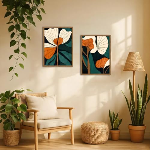 Mid Century Modern Flower Wall Art Vintage Abstract Botanical Wall Decor Painting Set of 2 Mid Century Boho Dark Floral Poster Canvas Print Pictures for Living Room Bedroom 12x16 inch Wood Framed - color: Floral B, size: 16"L x 12"W