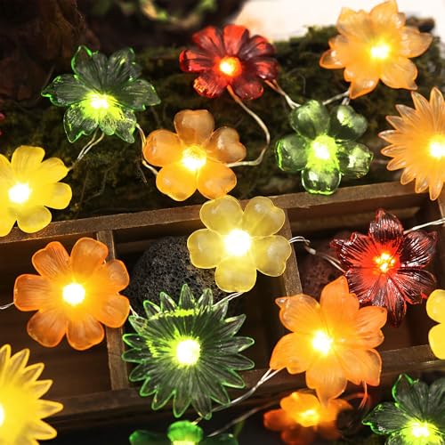 Cute Flower Fairy Lights String of flowers for decorating-7ft 20LED Waterproof Battery Operated String Lights Outdoor Indoor- Floral Garland for Wedding Garden Christmas Tree Bedroom Wreath Decor - color: Red-Green-Yellow-Orange