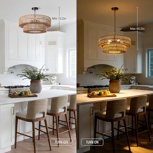 21.6 Inch Boho Rattan Chandelier, 5-Lights Hand Woven Bohemian Chandeliers with 2-Tier Drum Wicker Shade, Modern Farmhouse Large Pendant Light Fixture for Dining Room Living Entryway Bedroom - color: Black Metal, size: 21.6 Inch