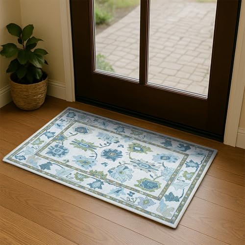 Fame Living Green Oushak Rug, Modern Small Rugs, Vintage, Turkish, Eclectic, Floral, Pastel, Washable, Door Mat, Doormat for Indoor Entrance, Entryway, Kitchen, Bathroom, Bedroom, Laundry, 2'x3' - color: Cream Green, size: 2' x 3' (Rectangular)