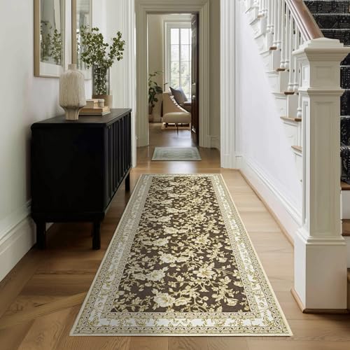 Brown Runner Rugs 2x6 for Hallway Kitchen Bedroom Beside Laundry Room Bathroom Rug Boho Modern Washable Non Slip Low Pile Stain Resistant Soft Long Carpet Mat Brown Cream Beige Floral Pattern - color: Sketch Floral Brown, size: 2' x 6' (Rectangular)