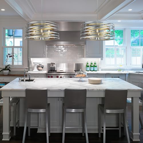 ACNKTZ 23.6'' Large Vintage Round Chandelier, 6-Light Modern Farmhouse Lantern Chandelier, Antique Double Drum Chandelier for Dining Room Entryway Kitchen Island Foyer, Silver with Gold Interior - color: Silver with Gold Interior, size: 23.6"/6-Light