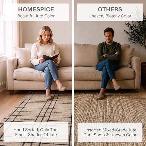 Homespice Nell Jute Plaid Area Rug 4x6' - Cotton Backed Premium Handmade Jute Geometric Area Rug for Bedroom and Office, Lays Flat, Won't Fray or Shed, Rich Natural Brown & Black Windowpane - color: Nell, size: 4' x 6' (Rectangular)