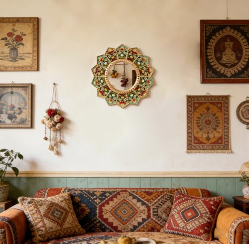 15.7" Sunburst Mirror - Boho Wall Mirror with Moroccan Decor Style, Large Circular Wood & Acrylic, Decorative for Living Room, Gallery Wall - color: Yellow