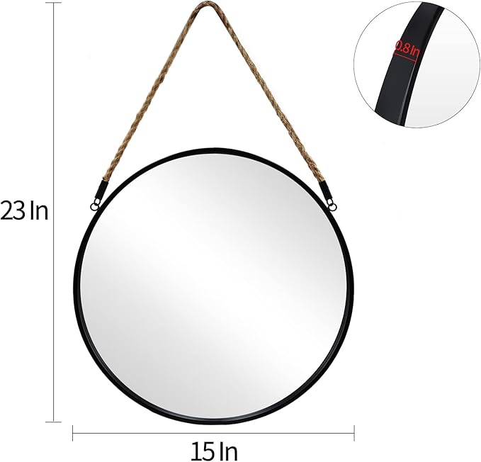 POZINO Round Mirror, 15" Rope Hanging Mirror, Farmhouse Circle Mirrors, Black Metal Frame Wall Mirrors for Bathroom, Bedroom, Living Room, Entryway, Fireplace, Home Decor